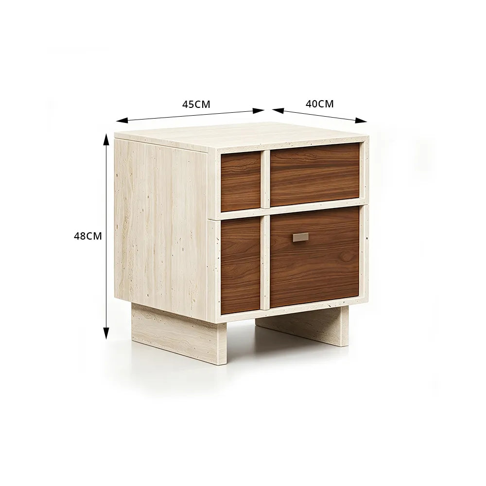 LIVARA Modern Bedside Table with 2 Drawers, Walnut Wood Grain Fronts, Travertine Texture, Sturdy Base - Walnut & Travertine