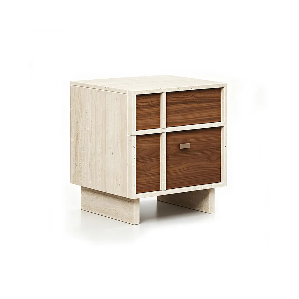 LIVARA Modern Bedside Table with 2 Drawers, Walnut Wood Grain Fronts, Travertine Texture, Sturdy Base - Walnut & Travertine
