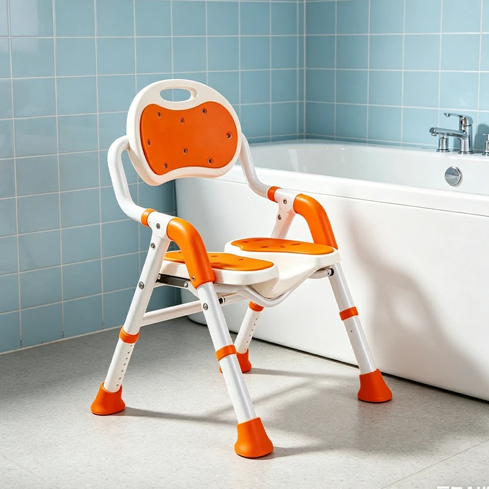 LIVARA Foldable Shower Chair with EVA Cushion PE Waterproof Seat Drainage Holes Anti-Slip Feet for Elderly Pregnant Bathroom Use - Orange