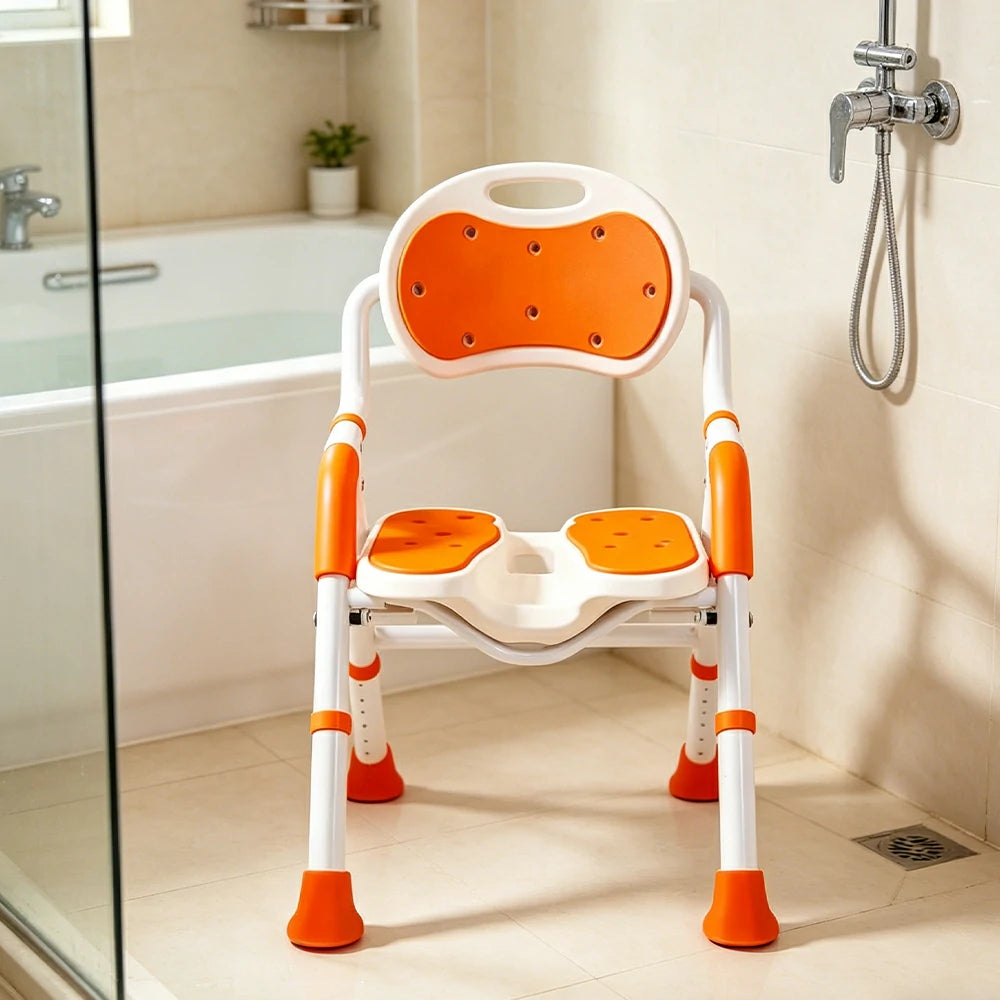 LIVARA Foldable Shower Chair with EVA Cushion PE Waterproof Seat Drainage Holes Anti-Slip Feet for Elderly Pregnant Bathroom Use - Orange