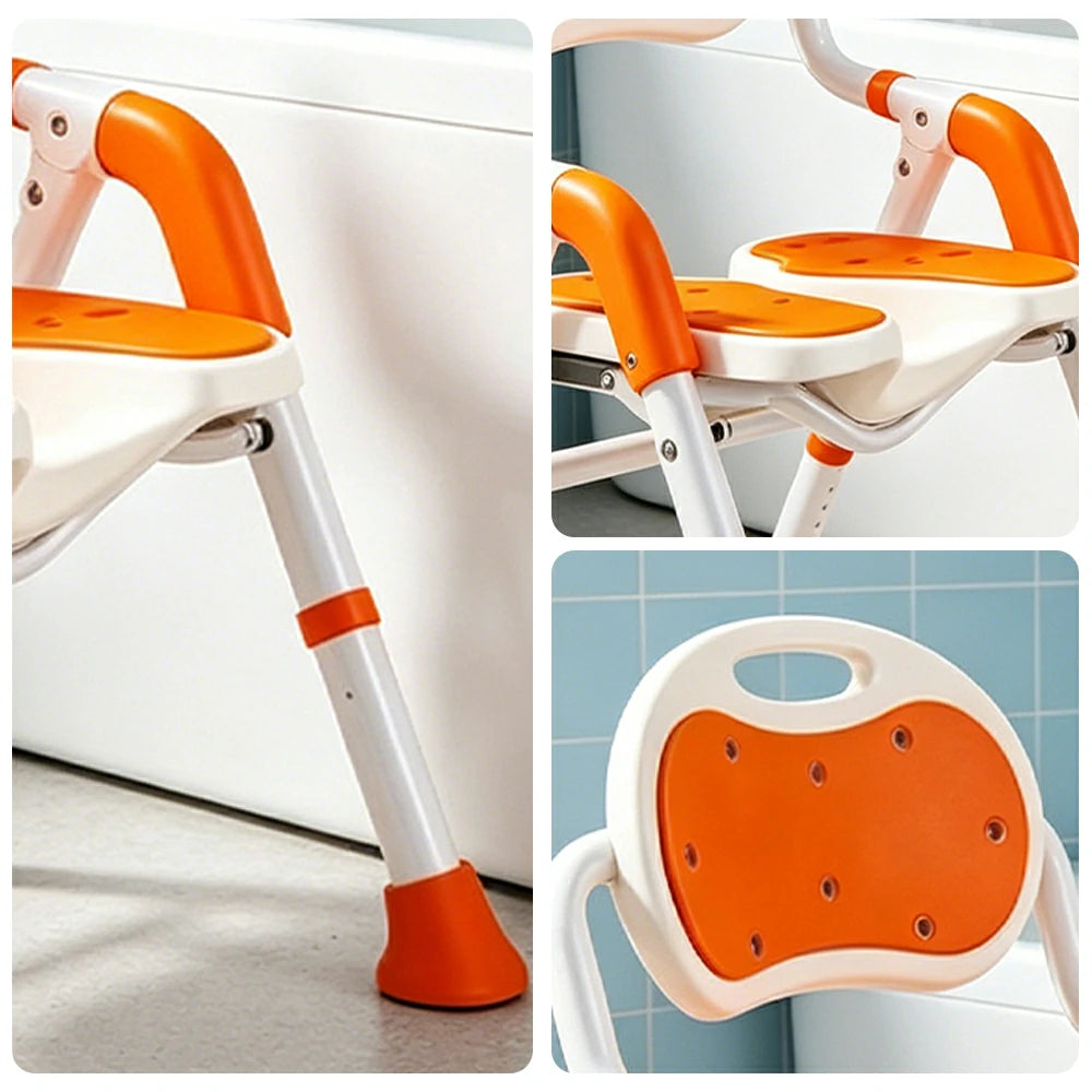 LIVARA Foldable Shower Chair with EVA Cushion PE Waterproof Seat Drainage Holes Anti-Slip Feet for Elderly Pregnant Bathroom Use - Orange