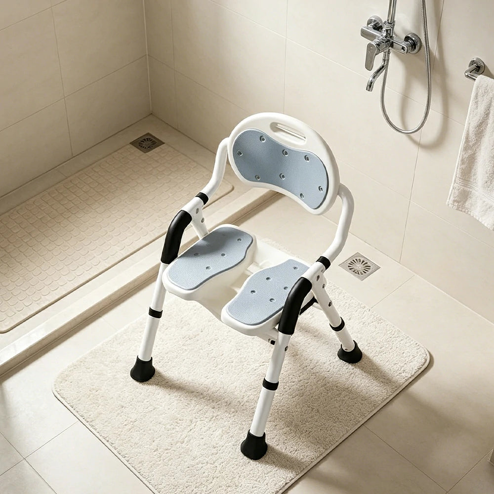 LIVARA Foldable Shower Chair with EVA Cushion PE Waterproof Seat Drainage Holes Anti-Slip Feet for Elderly Pregnant Bathroom Use - Grey