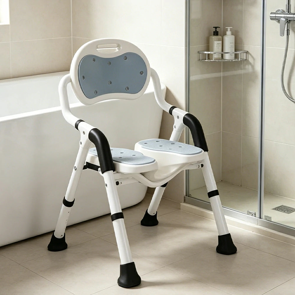 LIVARA Foldable Shower Chair with EVA Cushion PE Waterproof Seat Drainage Holes Anti-Slip Feet for Elderly Pregnant Bathroom Use - Grey