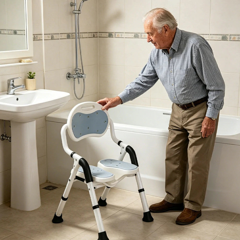 LIVARA Foldable Shower Chair with EVA Cushion PE Waterproof Seat Drainage Holes Anti-Slip Feet for Elderly Pregnant Bathroom Use - Grey