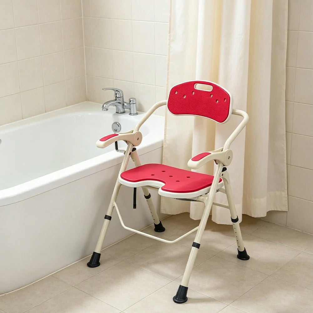 LIVARA Ultra-slim Foldable Shower Chair Reinforced Triangle Structure EVA Cushion Anti-slip Feet for Elderly Pregnant Home Bathroom Use - Red