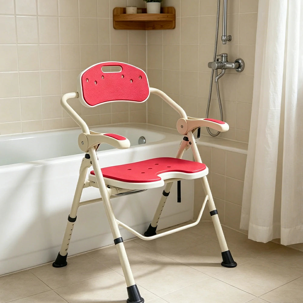 LIVARA Ultra-slim Foldable Shower Chair Reinforced Triangle Structure EVA Cushion Anti-slip Feet for Elderly Pregnant Home Bathroom Use - Red
