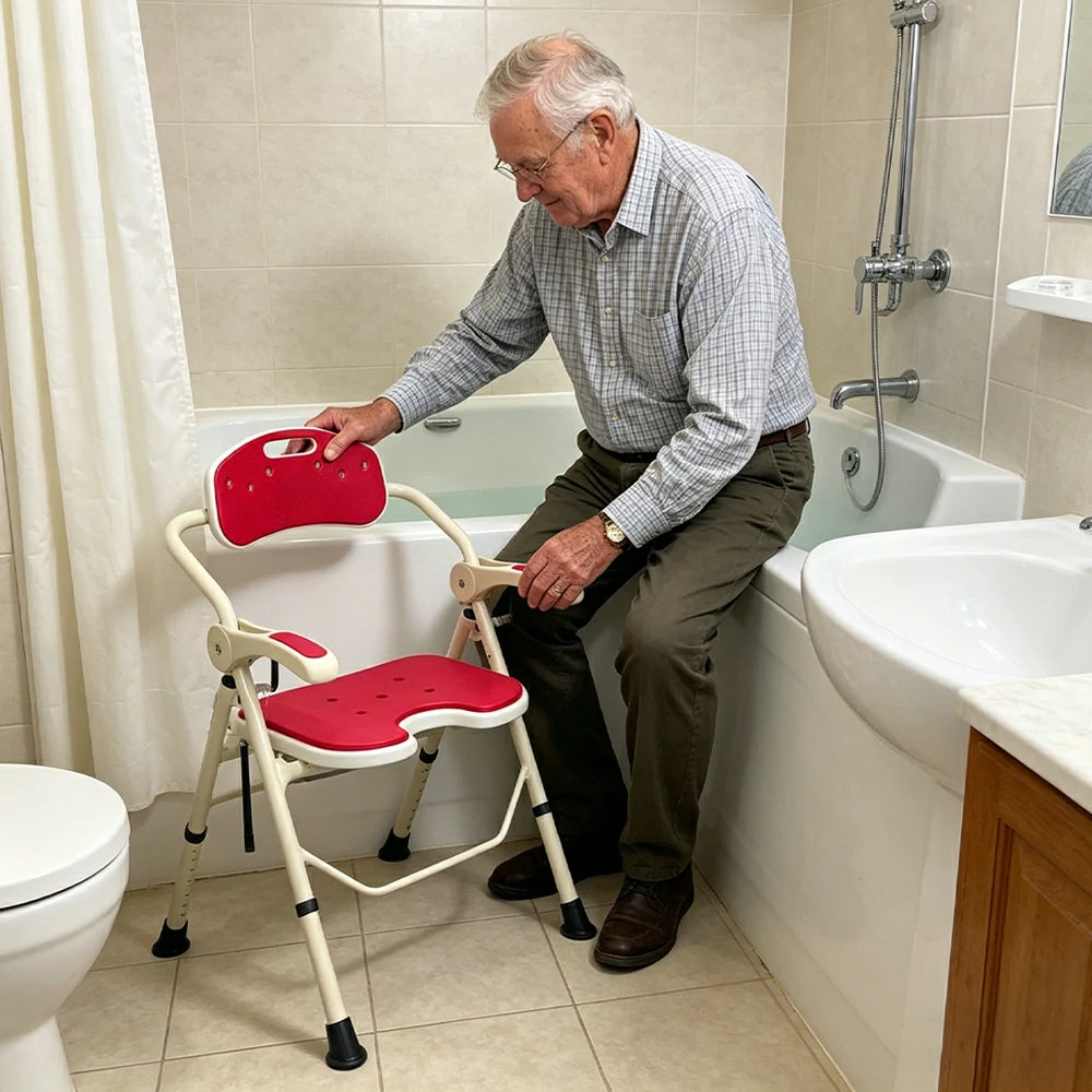 LIVARA Ultra-slim Foldable Shower Chair Reinforced Triangle Structure EVA Cushion Anti-slip Feet for Elderly Pregnant Home Bathroom Use - Red
