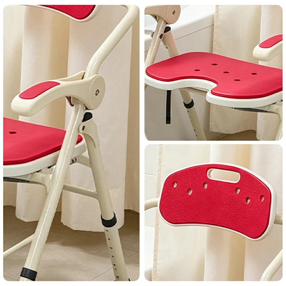 LIVARA Ultra-slim Foldable Shower Chair Reinforced Triangle Structure EVA Cushion Anti-slip Feet for Elderly Pregnant Home Bathroom Use - Red