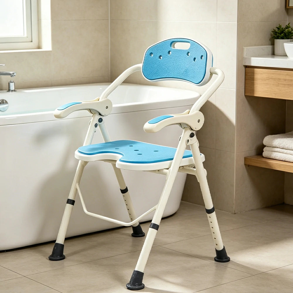 LIVARA Ultra-slim Foldable Shower Chair Reinforced Triangle Structure EVA Cushion Anti-slip Feet for Elderly Pregnant Home Bathroom Use - Blue