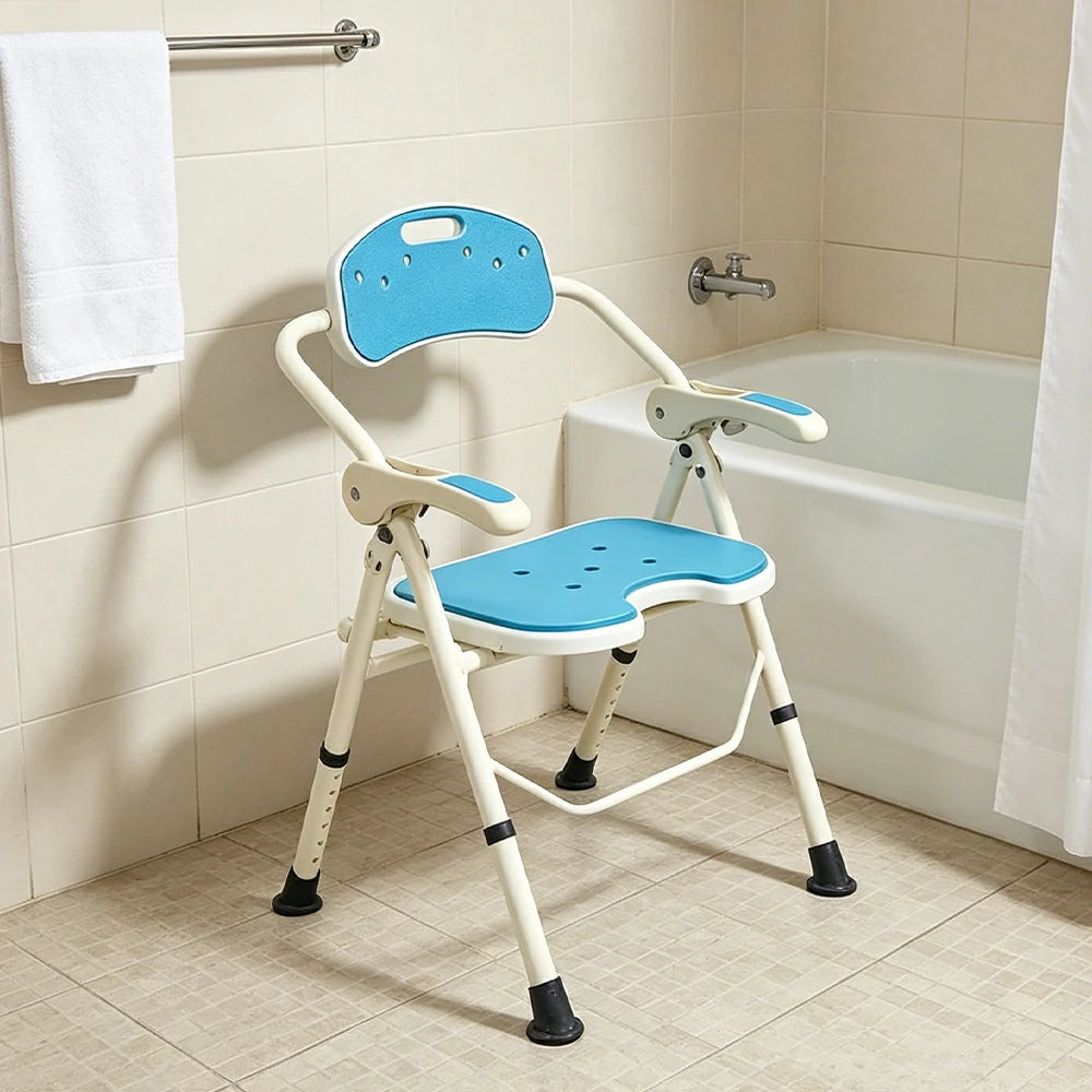 LIVARA Ultra-slim Foldable Shower Chair Reinforced Triangle Structure EVA Cushion Anti-slip Feet for Elderly Pregnant Home Bathroom Use - Blue