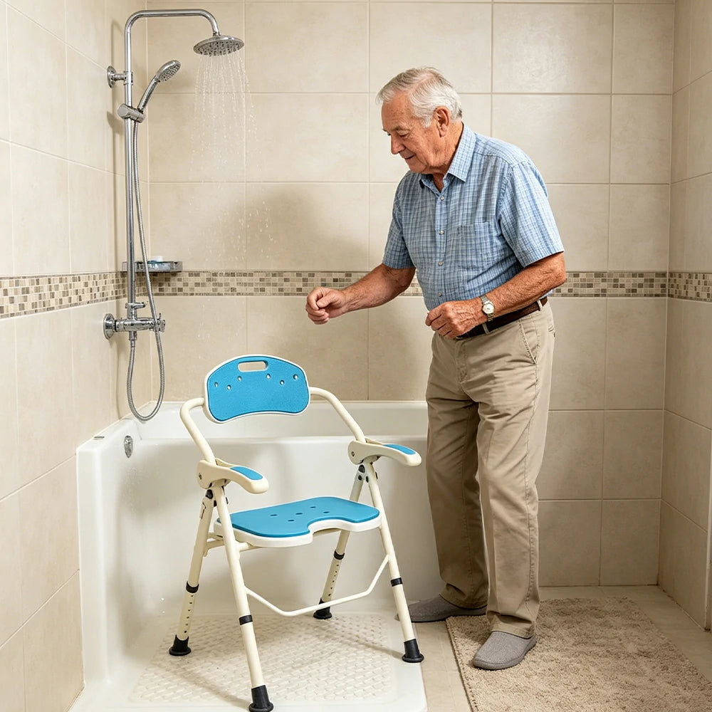 LIVARA Ultra-slim Foldable Shower Chair Reinforced Triangle Structure EVA Cushion Anti-slip Feet for Elderly Pregnant Home Bathroom Use - Blue