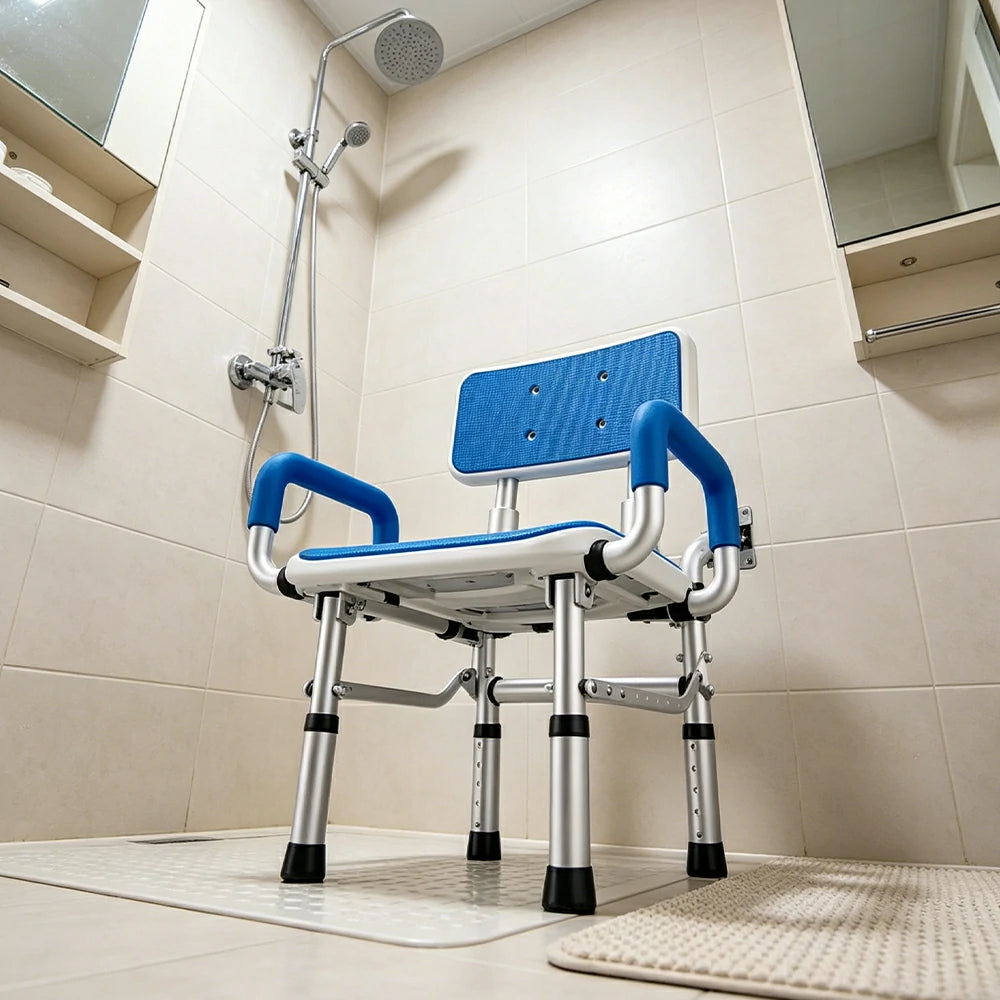LIVARA Wall-mounted Foldable Shower Chair Wide Seat Backrest Dual Armrests Adjustable Height for Elderly Pregnant Bathroom Use - Blue
