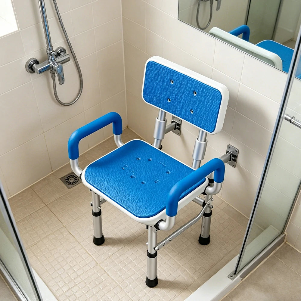 LIVARA Wall-mounted Foldable Shower Chair Wide Seat Backrest Dual Armrests Adjustable Height for Elderly Pregnant Bathroom Use - Blue