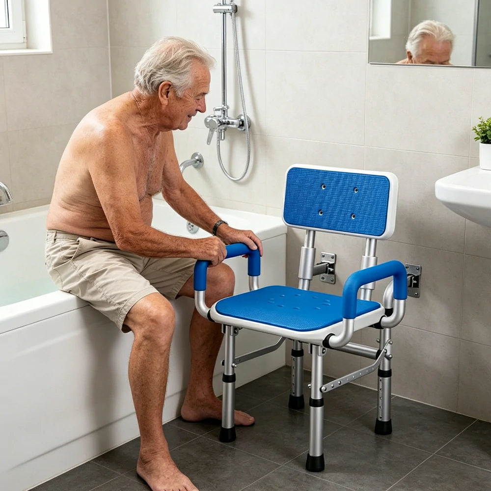 LIVARA Wall-mounted Foldable Shower Chair Wide Seat Backrest Dual Armrests Adjustable Height for Elderly Pregnant Bathroom Use - Blue