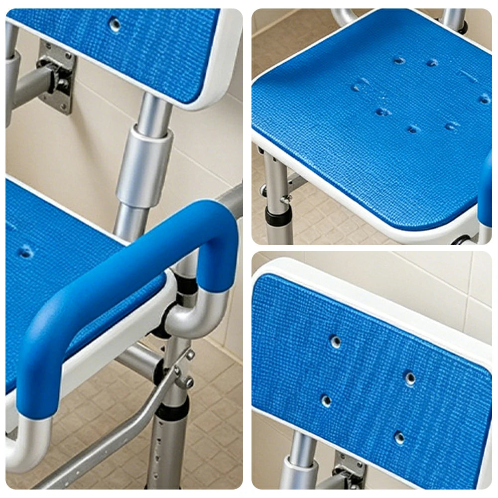 LIVARA Wall-mounted Foldable Shower Chair Wide Seat Backrest Dual Armrests Adjustable Height for Elderly Pregnant Bathroom Use - Blue