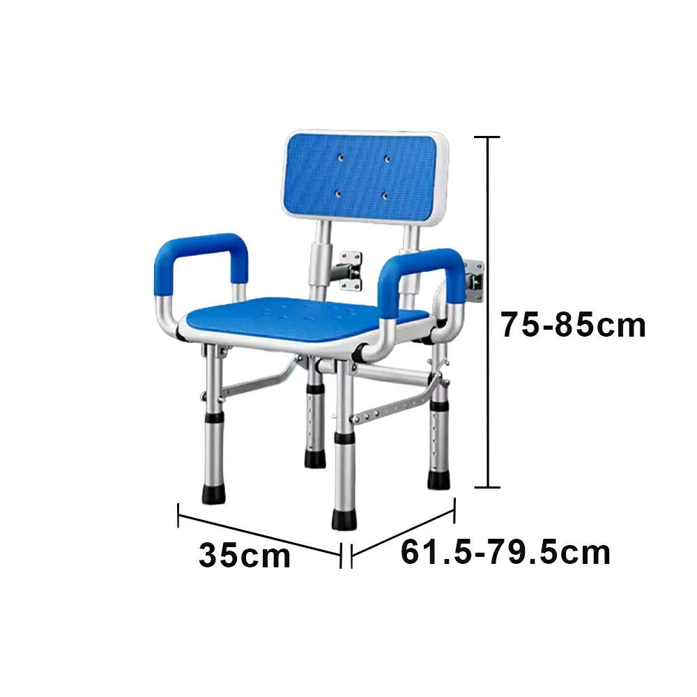 LIVARA Wall-mounted Foldable Shower Chair Wide Seat Backrest Dual Armrests Adjustable Height for Elderly Pregnant Bathroom Use - Blue