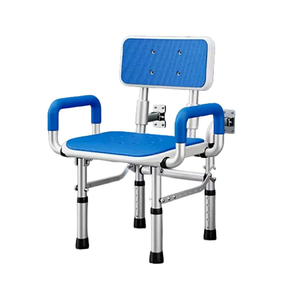 LIVARA Wall-mounted Foldable Shower Chair Wide Seat Backrest Dual Armrests Adjustable Height for Elderly Pregnant Bathroom Use - Blue