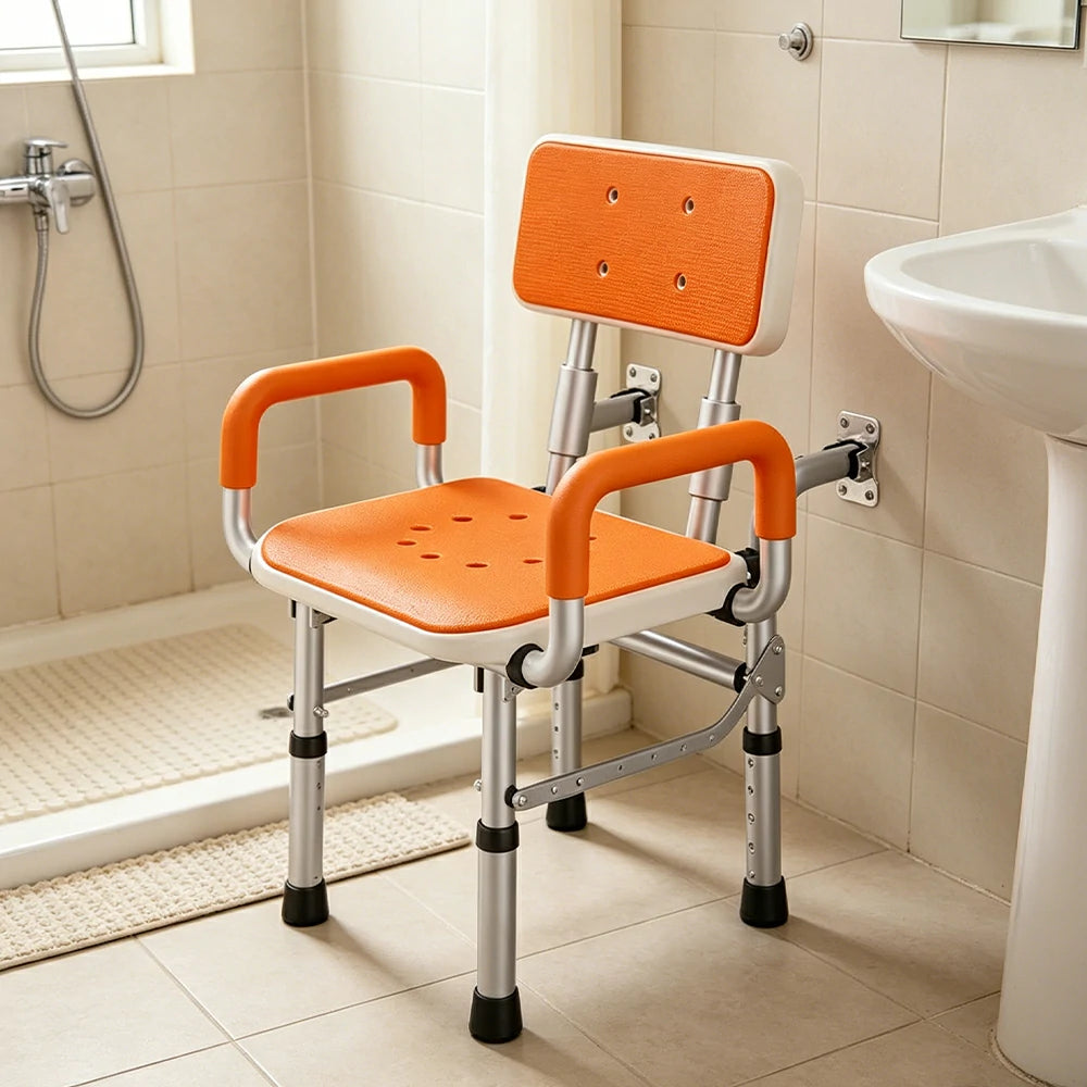 LIVARA Wall-mounted Foldable Shower Chair Wide Seat Backrest Dual Armrests Adjustable Height for Elderly Pregnant Bathroom Use - Orange