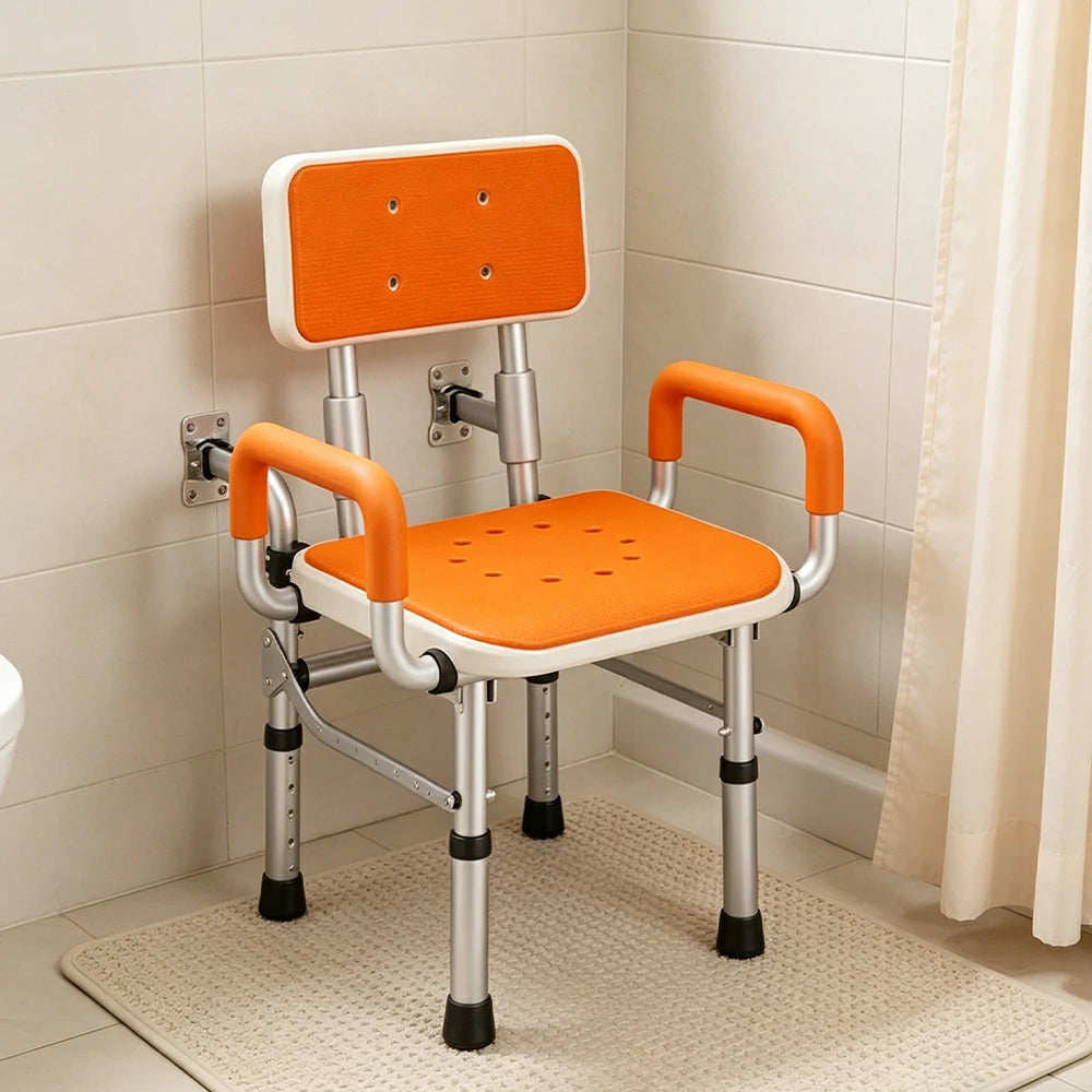 LIVARA Wall-mounted Foldable Shower Chair Wide Seat Backrest Dual Armrests Adjustable Height for Elderly Pregnant Bathroom Use - Orange