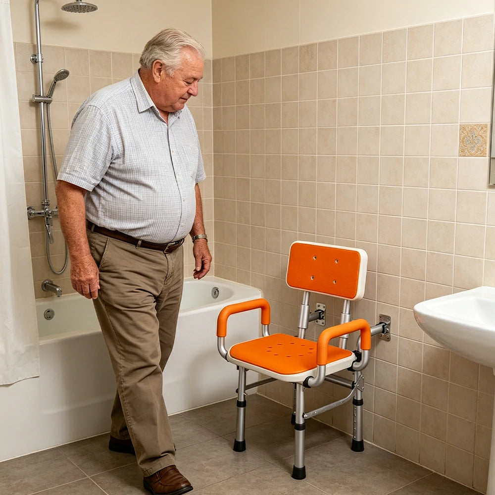 LIVARA Wall-mounted Foldable Shower Chair Wide Seat Backrest Dual Armrests Adjustable Height for Elderly Pregnant Bathroom Use - Orange