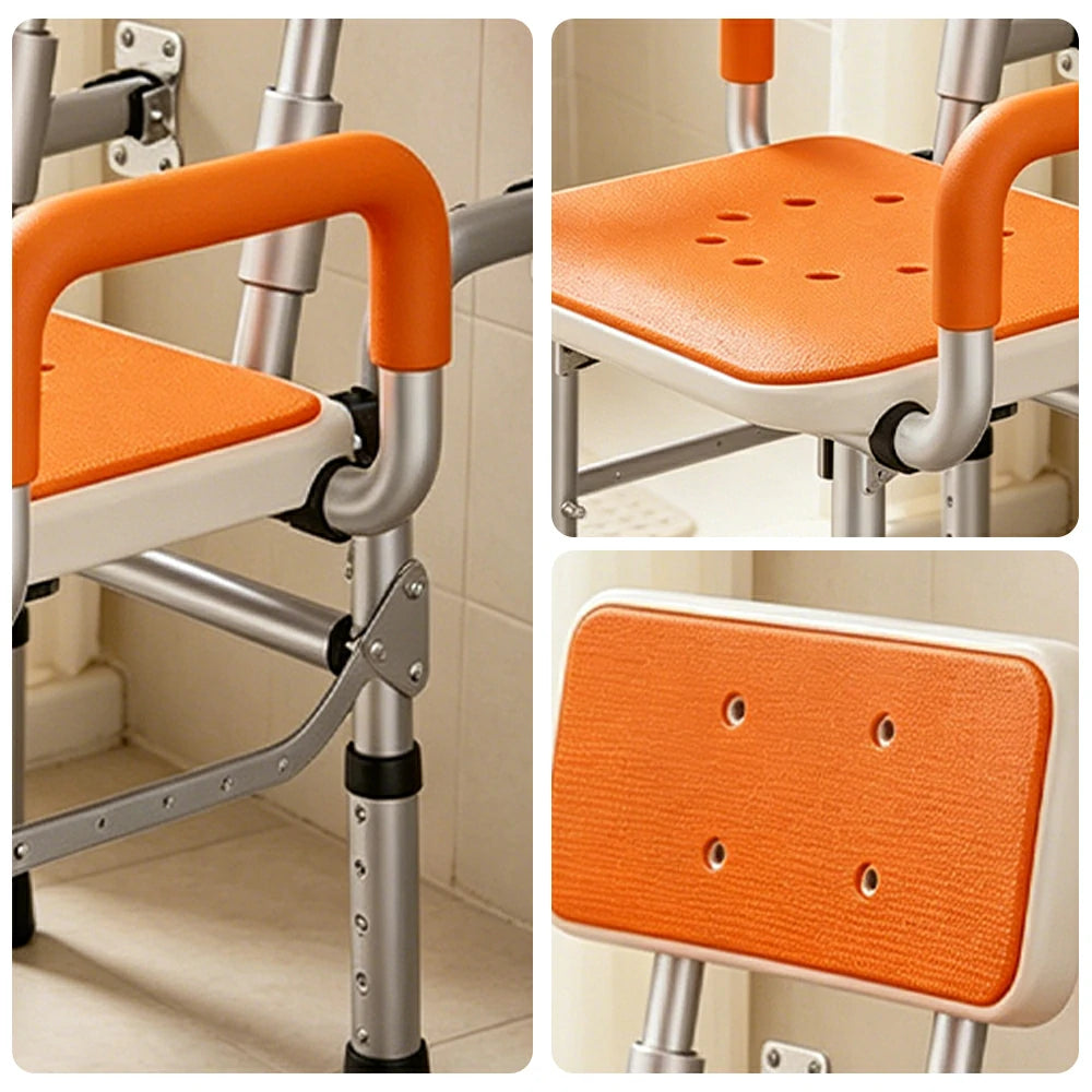 LIVARA Wall-mounted Foldable Shower Chair Wide Seat Backrest Dual Armrests Adjustable Height for Elderly Pregnant Bathroom Use - Orange