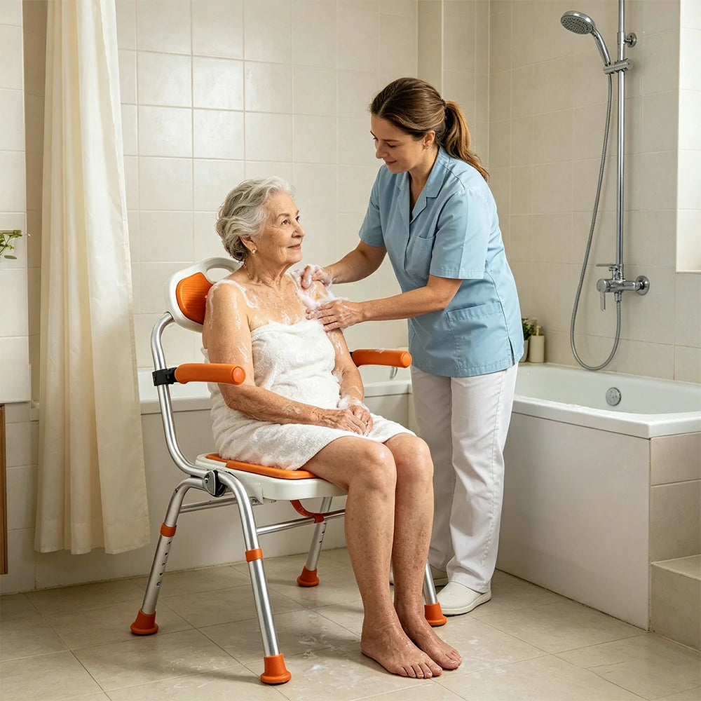 LIVARA Foldable Shower Chair Wide Seat EVA Cushion Triangular Support Anti-slip Feet for Elderly Pregnant Bathroom Home Use - Orange