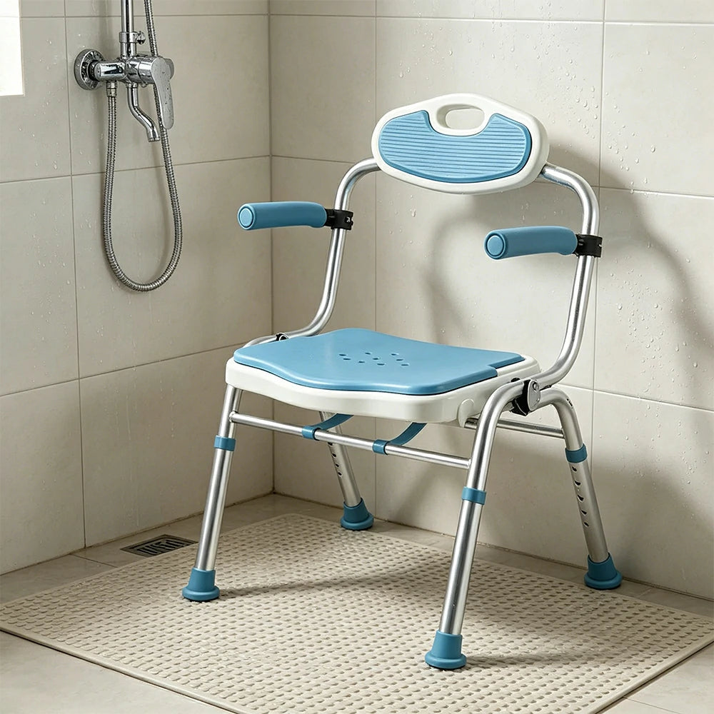 LIVARA Foldable Shower Chair Wide Seat EVA Cushion Triangular Support Anti-slip Feet for Elderly Pregnant Bathroom Home Use - Blue