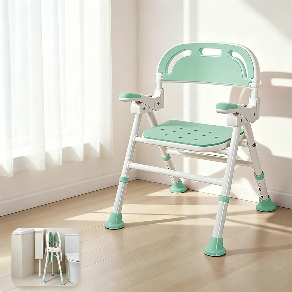 LIVARA Wide Foldable Shower Chair Extra-wide Seat EVA Cushion Triangular Support Anti-slip Feet for Elderly Pregnant Bathroom Home Use - Green