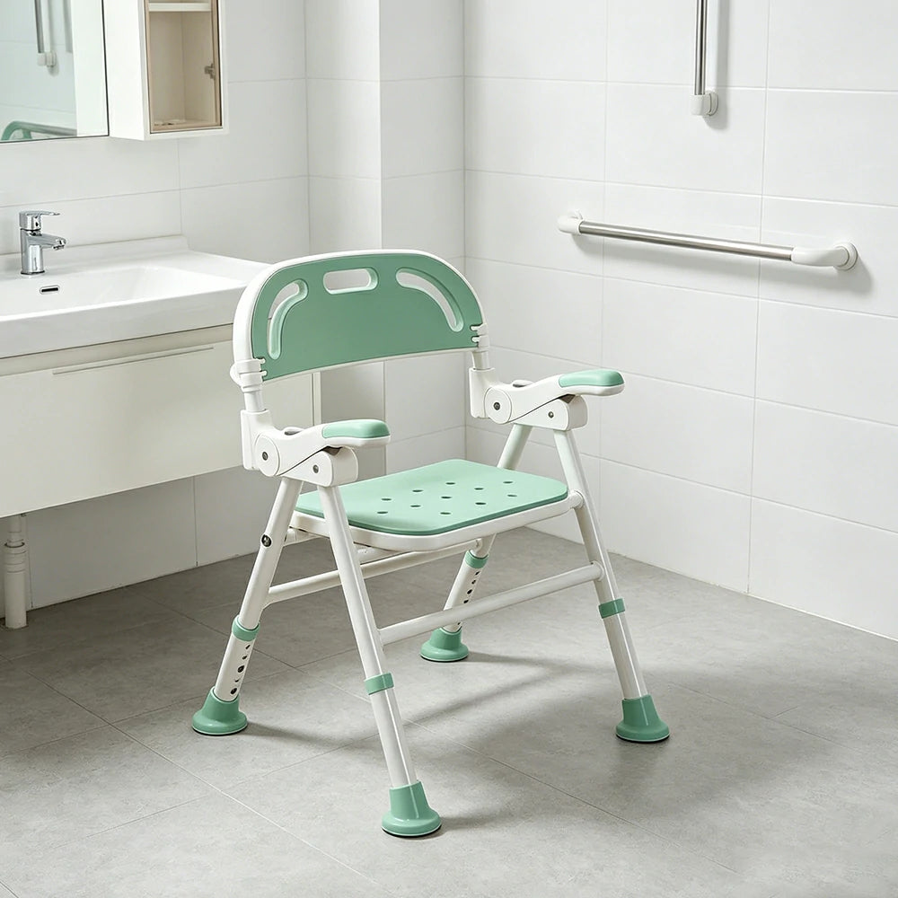 LIVARA Wide Foldable Shower Chair Extra-wide Seat EVA Cushion Triangular Support Anti-slip Feet for Elderly Pregnant Bathroom Home Use - Green
