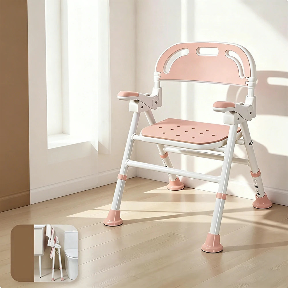 LIVARA Wide Foldable Shower Chair Extra-wide Seat EVA Cushion Triangular Support Anti-slip Feet for Elderly Pregnant Bathroom Home Use - Pink