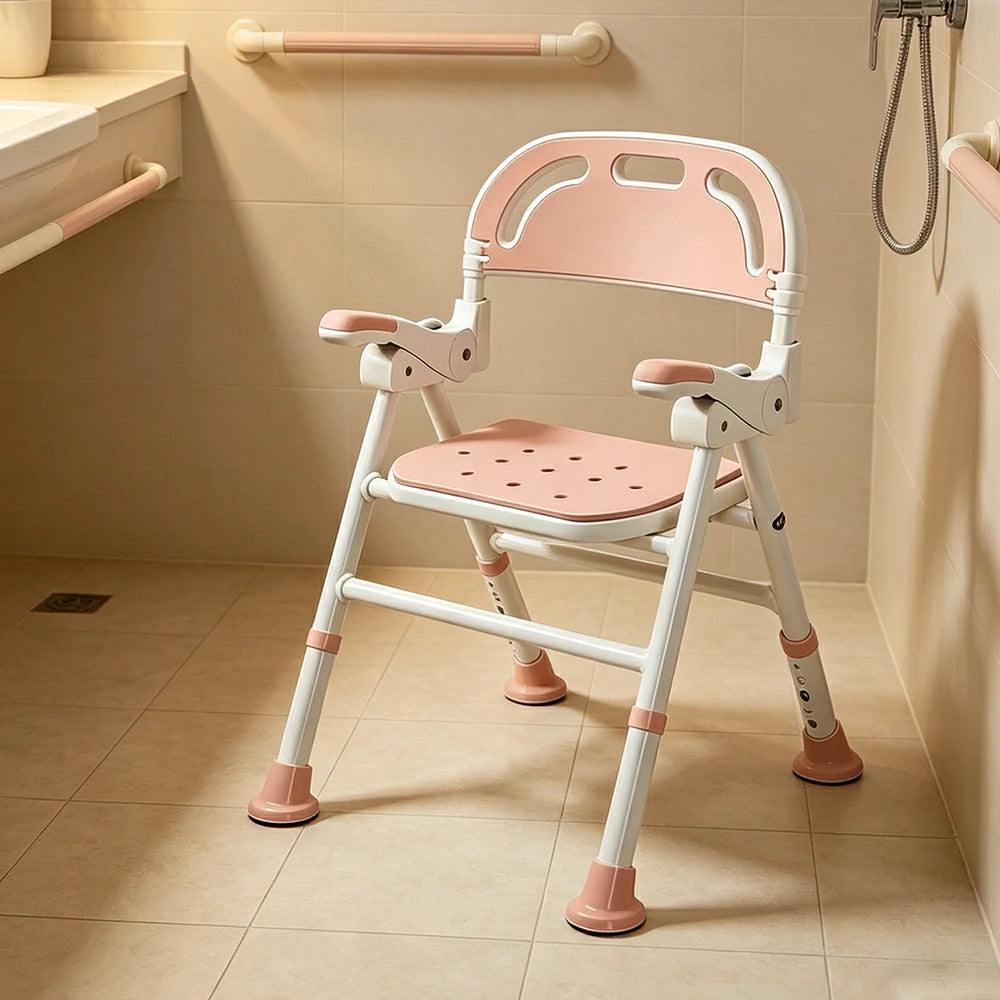 LIVARA Wide Foldable Shower Chair Extra-wide Seat EVA Cushion Triangular Support Anti-slip Feet for Elderly Pregnant Bathroom Home Use - Pink