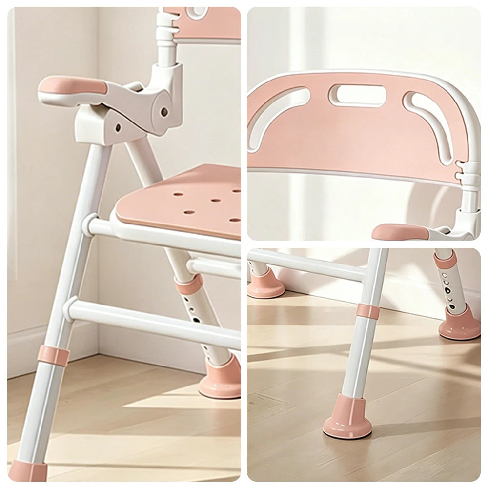 LIVARA Wide Foldable Shower Chair Extra-wide Seat EVA Cushion Triangular Support Anti-slip Feet for Elderly Pregnant Bathroom Home Use - Pink