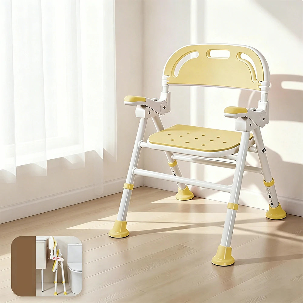 LIVARA Wide Foldable Shower Chair Extra-wide Seat EVA Cushion Triangular Support Anti-slip Feet for Elderly Pregnant Bathroom Home Use - Yellow