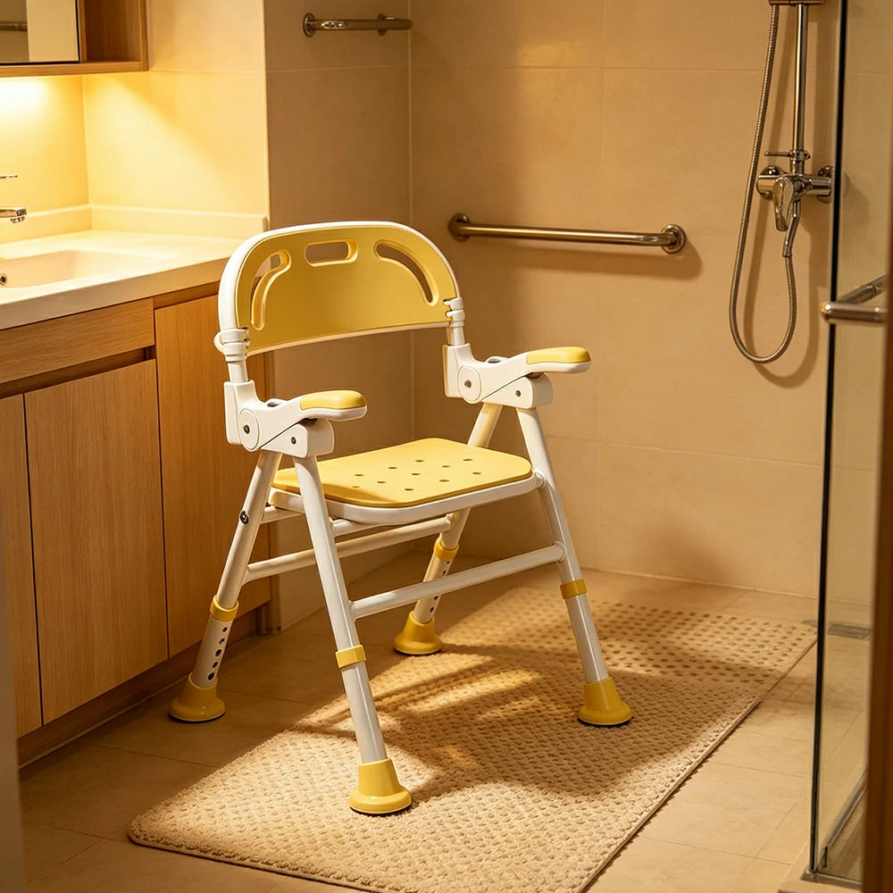LIVARA Wide Foldable Shower Chair Extra-wide Seat EVA Cushion Triangular Support Anti-slip Feet for Elderly Pregnant Bathroom Home Use - Yellow