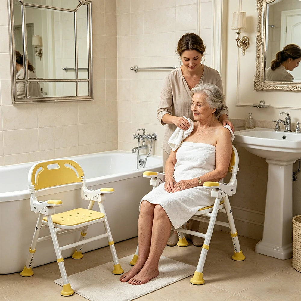 LIVARA Wide Foldable Shower Chair Extra-wide Seat EVA Cushion Triangular Support Anti-slip Feet for Elderly Pregnant Bathroom Home Use - Yellow