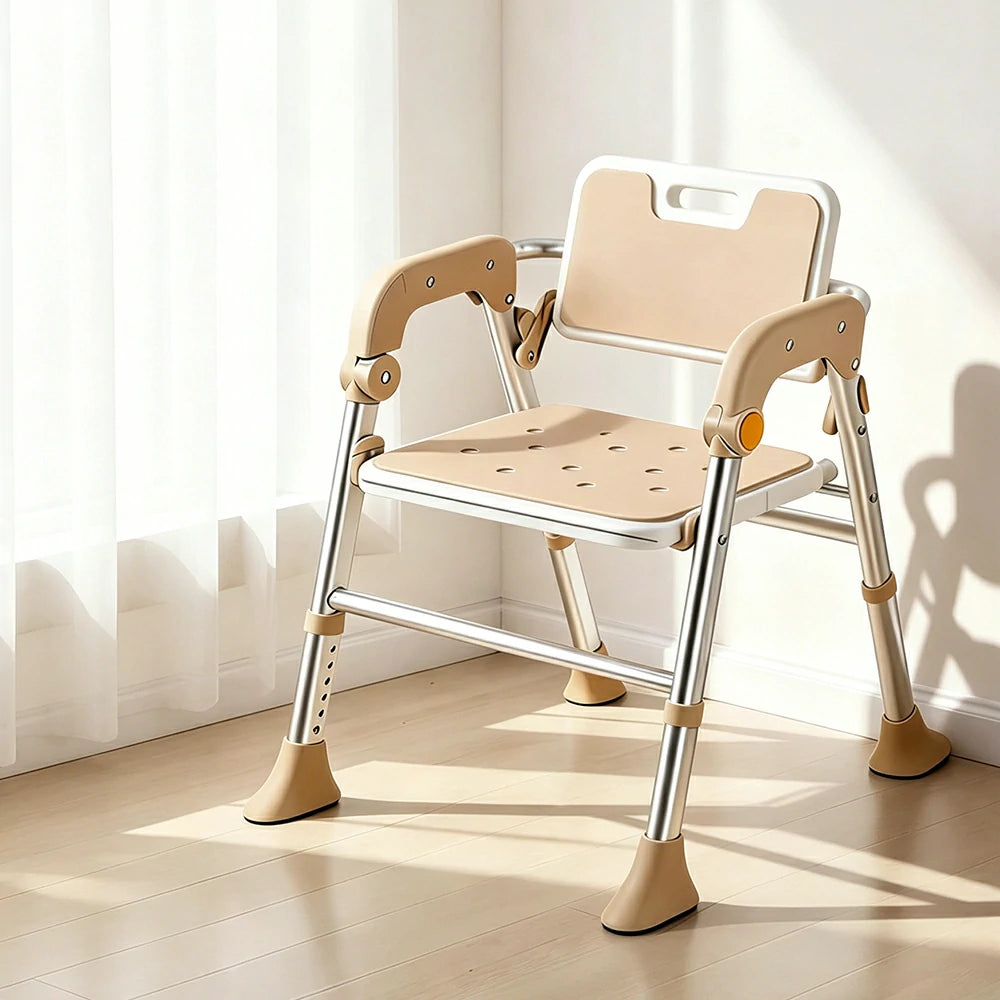 LIVARA Foldable Shower Chair Large Backrest EVA Cushion Triangular Support Anti-slip Feet for Elderly Pregnant Bathroom Home Use - Brown
