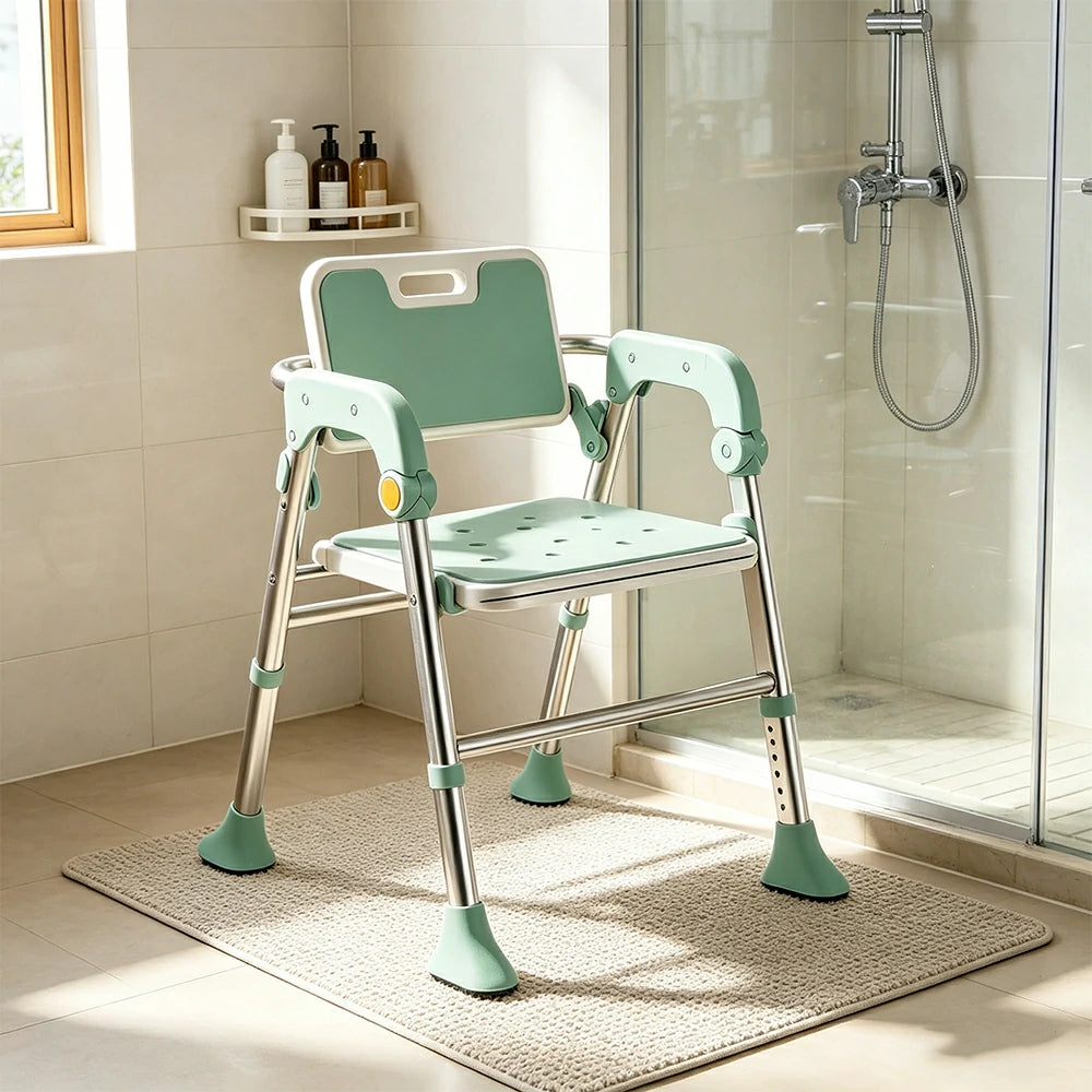 LIVARA Foldable Shower Chair Large Backrest EVA Cushion Triangular Support Anti-slip Feet for Elderly Pregnant Bathroom Home Use - Green