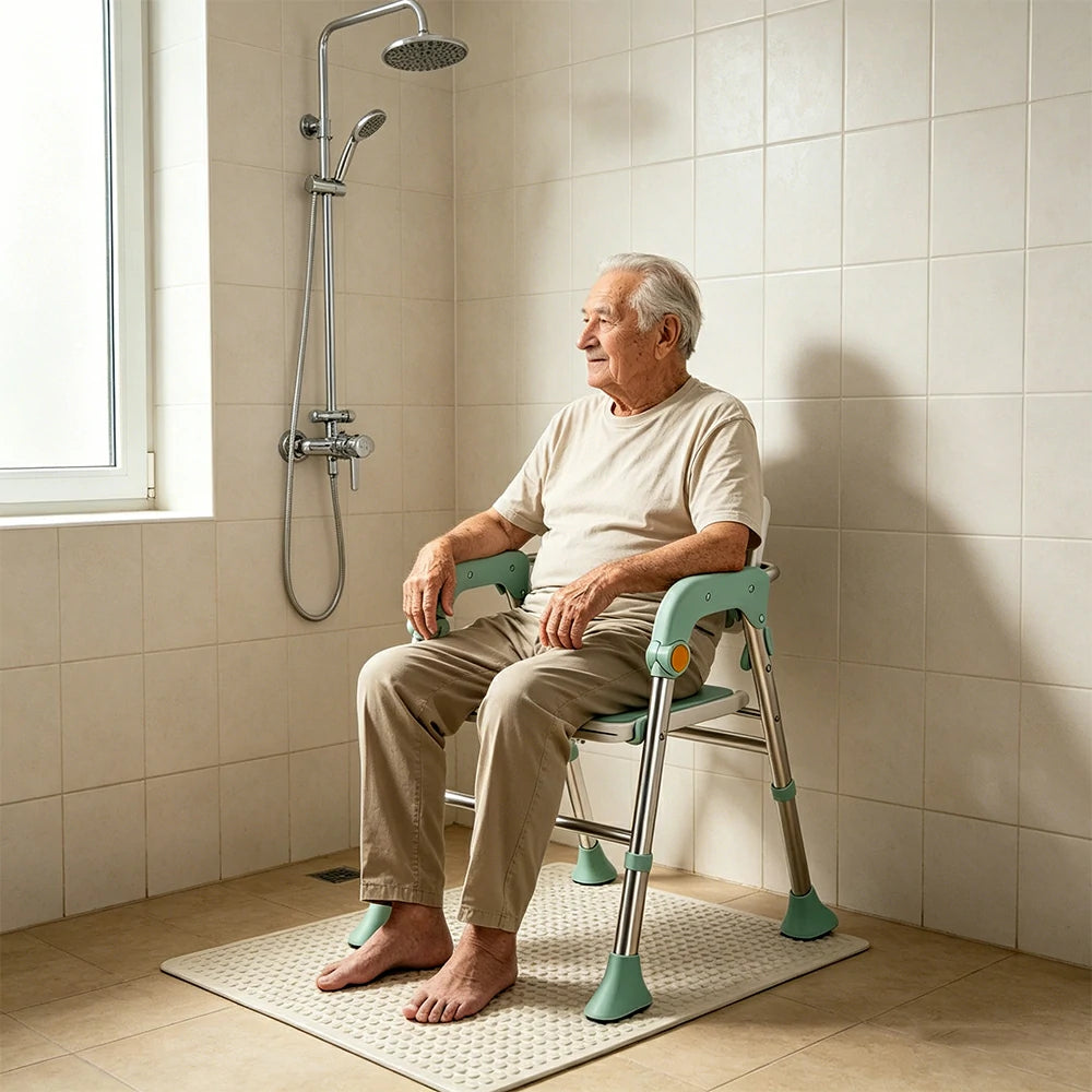 LIVARA Foldable Shower Chair Large Backrest EVA Cushion Triangular Support Anti-slip Feet for Elderly Pregnant Bathroom Home Use - Green