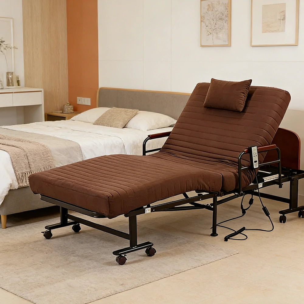 LIVARA Electric Foldable Care Bed Remote Control Adjustable Backrest Thick Mattress with Wheels for Elderly Post-surgery Home Use - Coffee