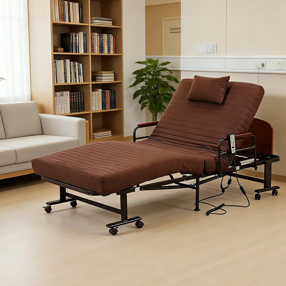 LIVARA Electric Foldable Care Bed Remote Control Adjustable Backrest Thick Mattress with Wheels for Elderly Post-surgery Home Use - Coffee