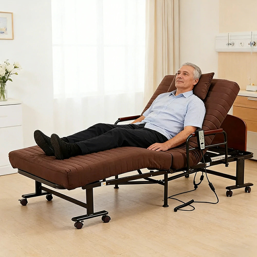 LIVARA Electric Foldable Care Bed Remote Control Adjustable Backrest Thick Mattress with Wheels for Elderly Post-surgery Home Use - Coffee