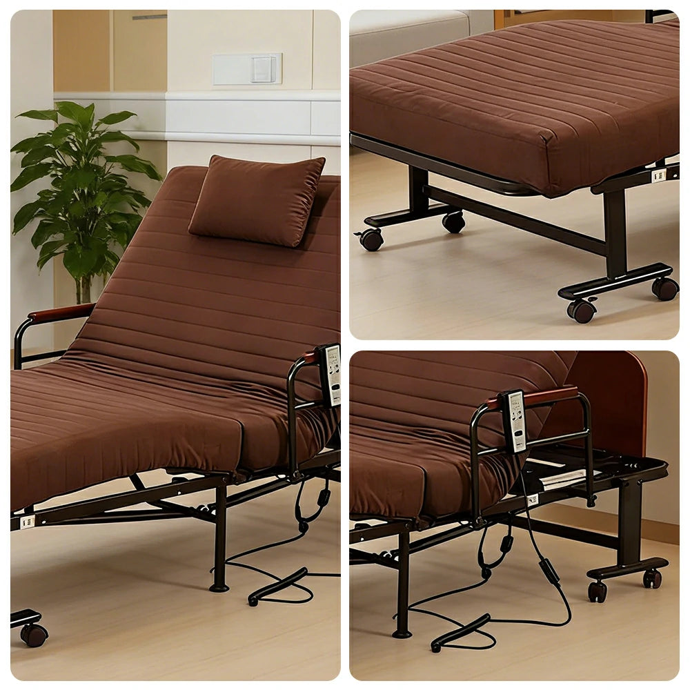 LIVARA Electric Foldable Care Bed Remote Control Adjustable Backrest Thick Mattress with Wheels for Elderly Post-surgery Home Use - Coffee