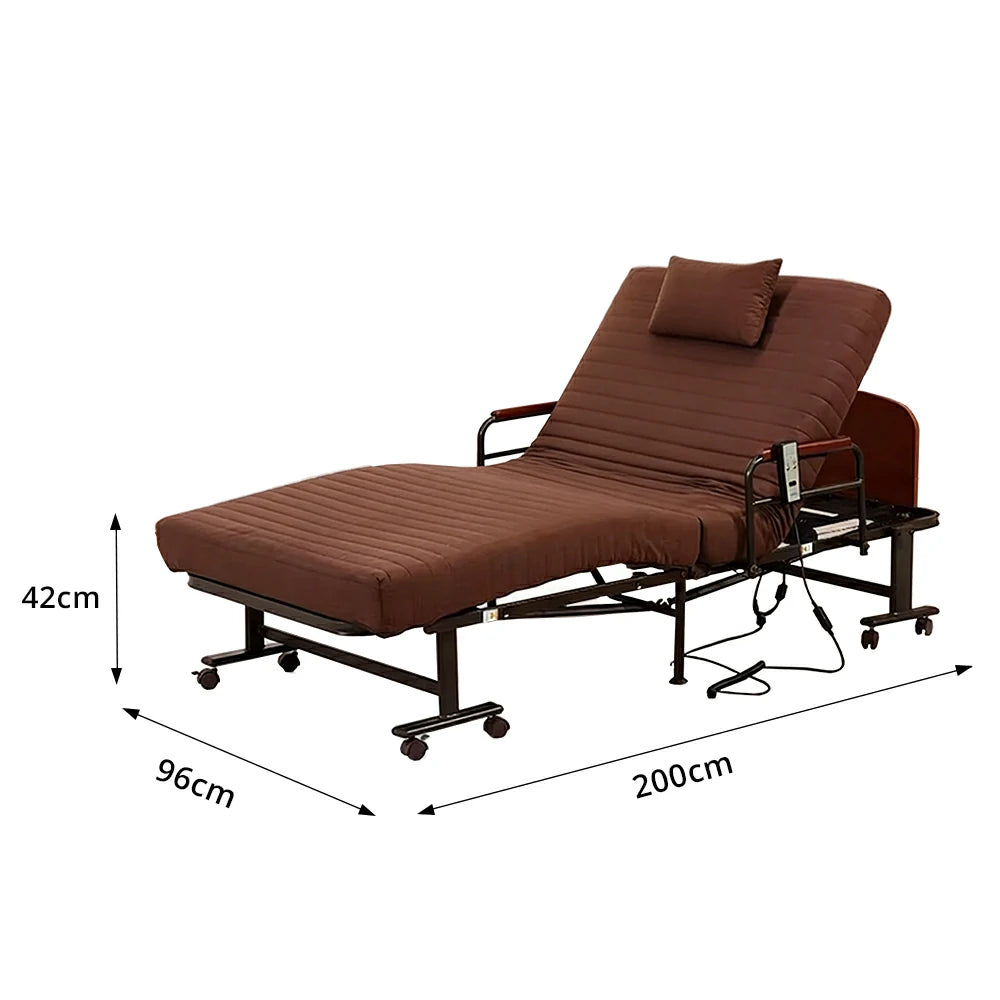LIVARA Electric Foldable Care Bed Remote Control Adjustable Backrest Thick Mattress with Wheels for Elderly Post-surgery Home Use - Coffee