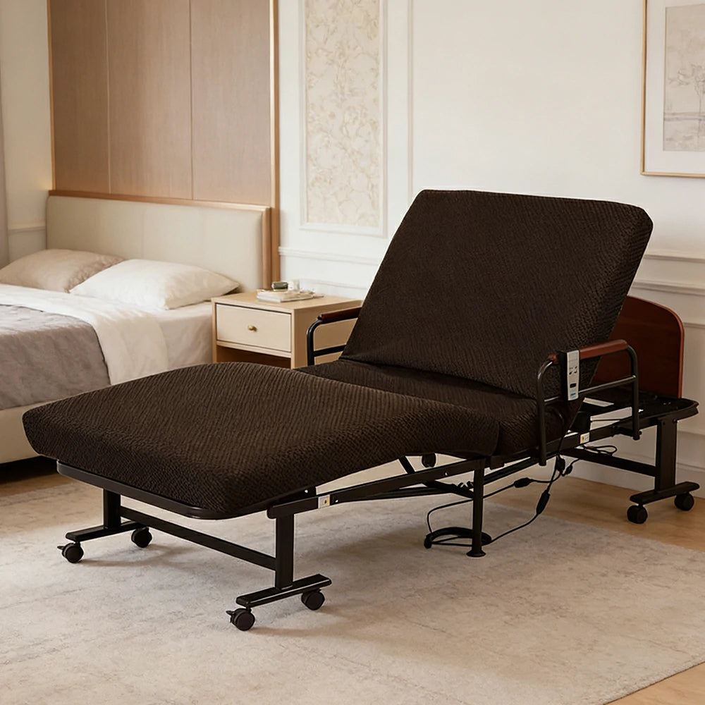 LIVARA Electric Foldable Care Bed Remote Control Adjustable Backrest Thick Mattress with Wheels for Elderly Post-surgery Home Use - Brown