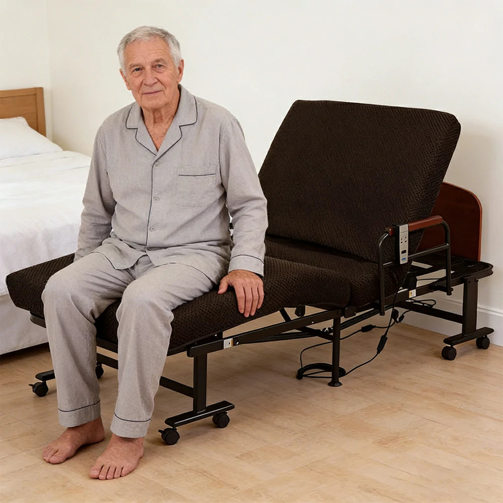 LIVARA Electric Foldable Care Bed Remote Control Adjustable Backrest Thick Mattress with Wheels for Elderly Post-surgery Home Use - Brown