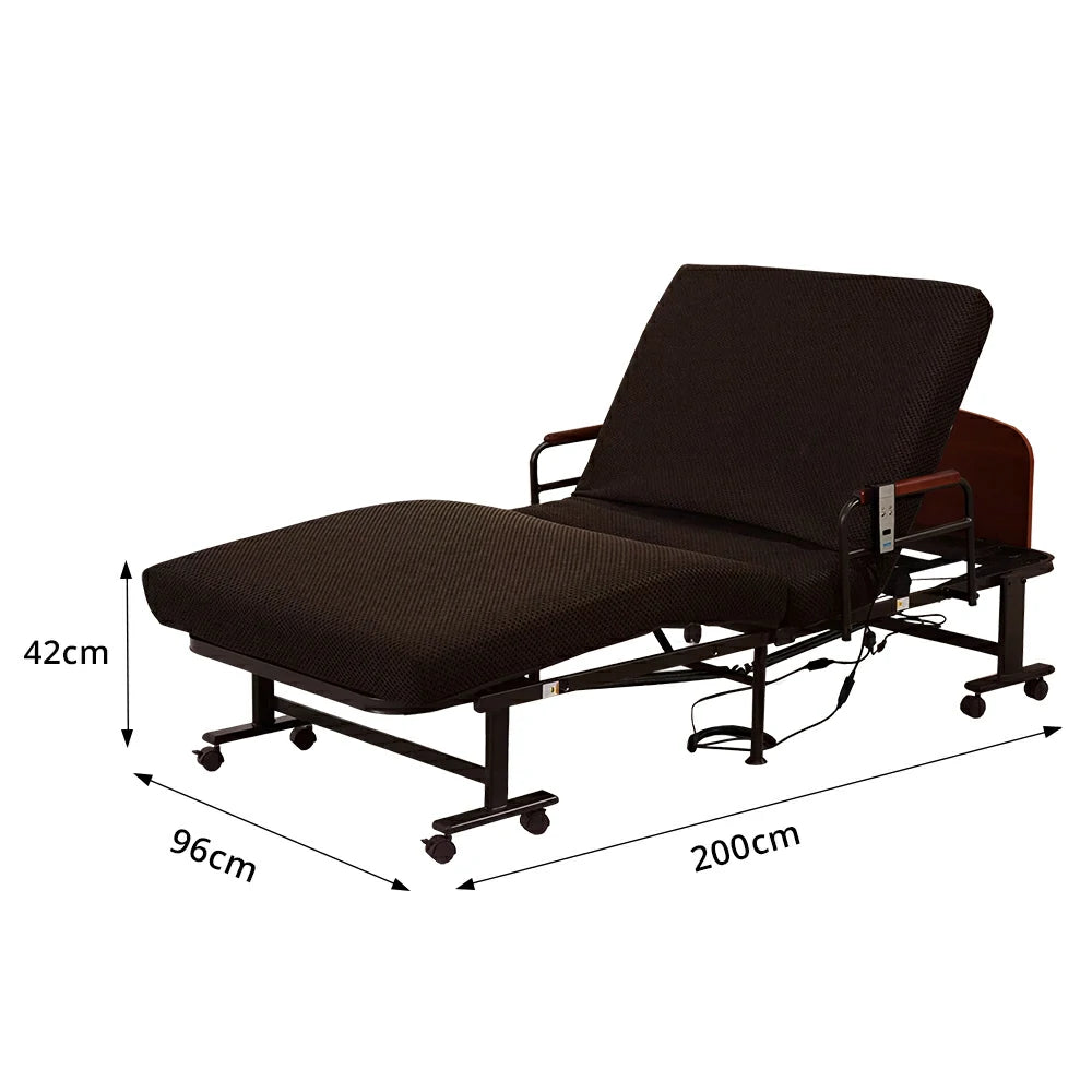LIVARA Electric Foldable Care Bed Remote Control Adjustable Backrest Thick Mattress with Wheels for Elderly Post-surgery Home Use - Brown