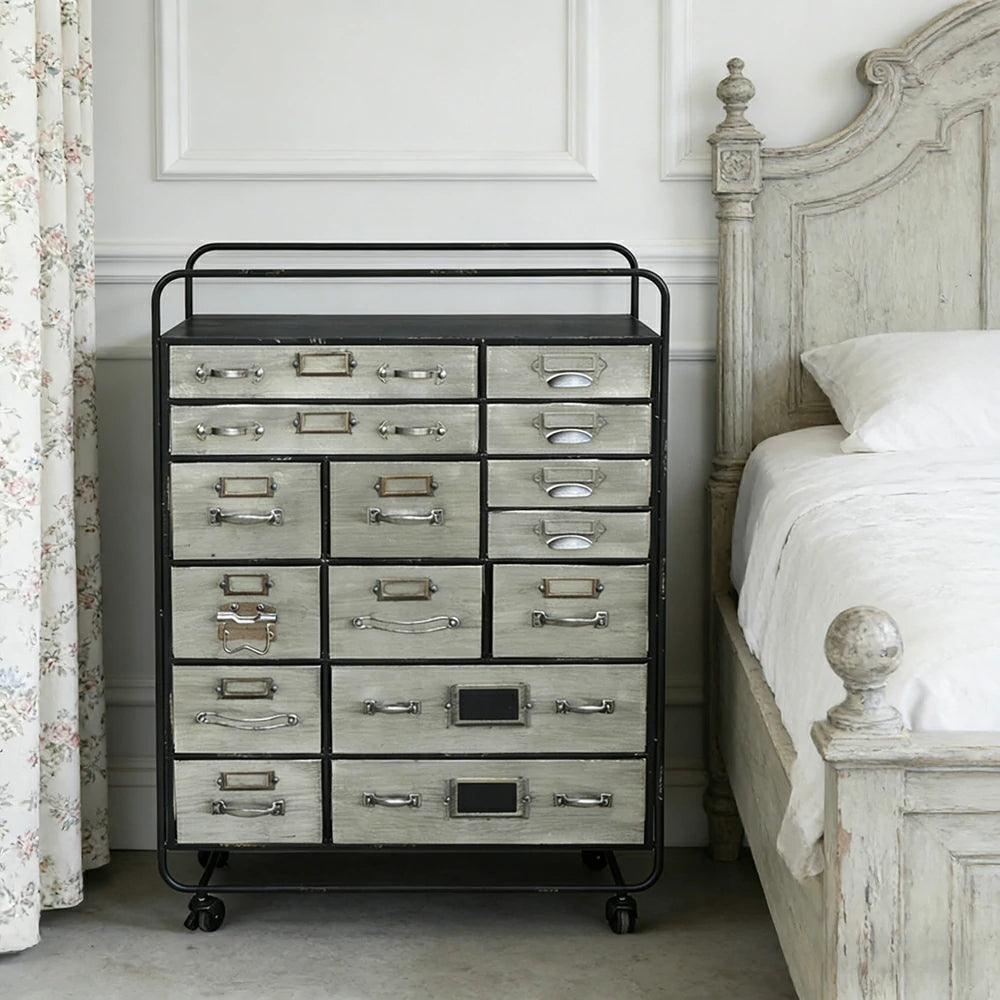 LIVARA Vintage Metal Storage Cabinet 15 Drawer Organizer Industrial Rolling Chest with Label Holders