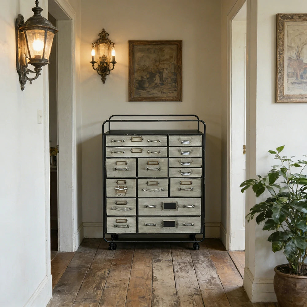 LIVARA Vintage Metal Storage Cabinet 15 Drawer Organizer Industrial Rolling Chest with Label Holders