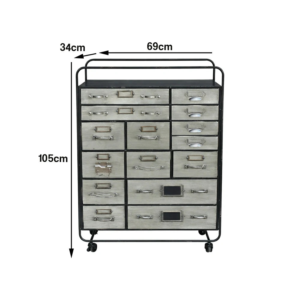 LIVARA Vintage Metal Storage Cabinet 15 Drawer Organizer Industrial Rolling Chest with Label Holders