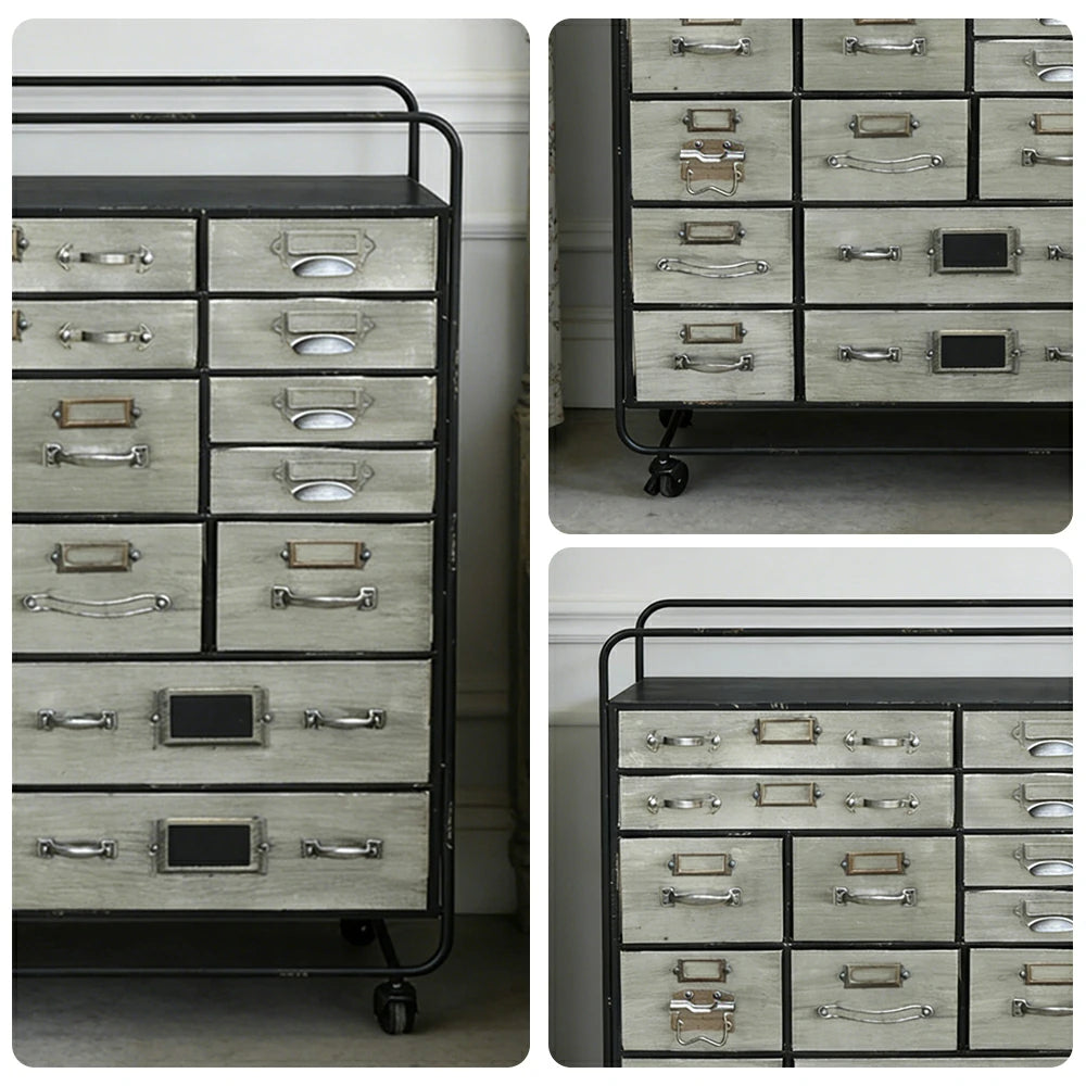 LIVARA Vintage Metal Storage Cabinet 15 Drawer Organizer Industrial Rolling Chest with Label Holders